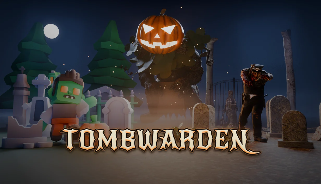 Tombwarden key art: a stylised zombie and a realistic zombie flank the Hollow Jack, a giant with a glowing carved pumpkin for a head, in a moonlit graveyard.